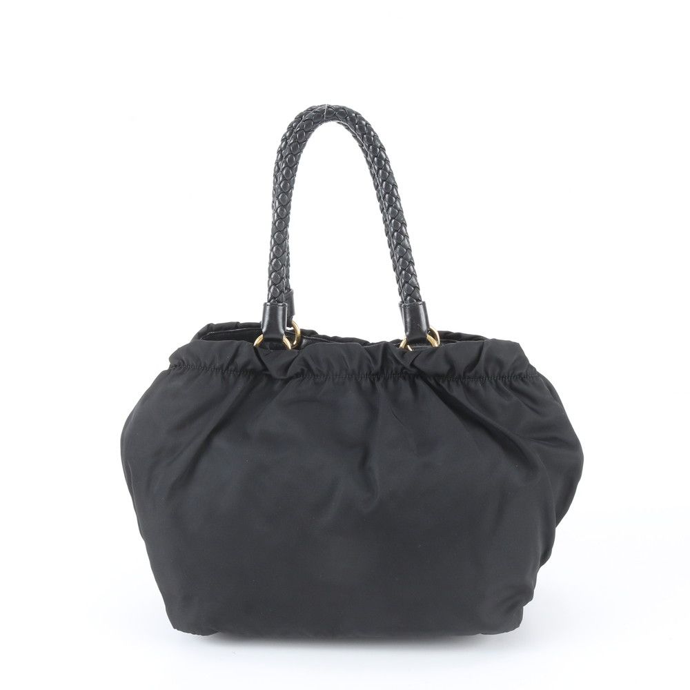 Prada White Tessuto Nylon Gathered Ribbon Leather Handbag Tote Black — view 3