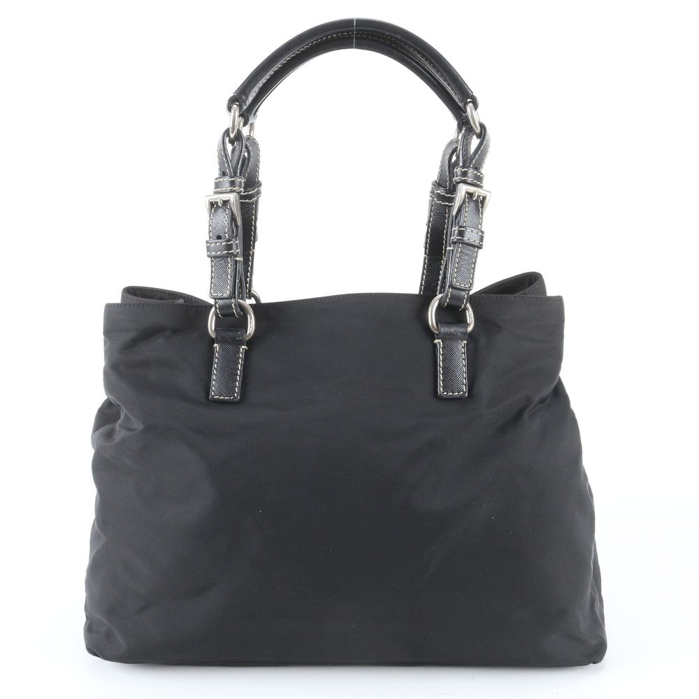 Prada White Tessuto Nylon Triangle Logo Leather Handbag Tote — view 3