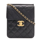 Chanel Quilted CC Logo Chain Shoulder Bag Pochette Lambskin Leather Black Gold
