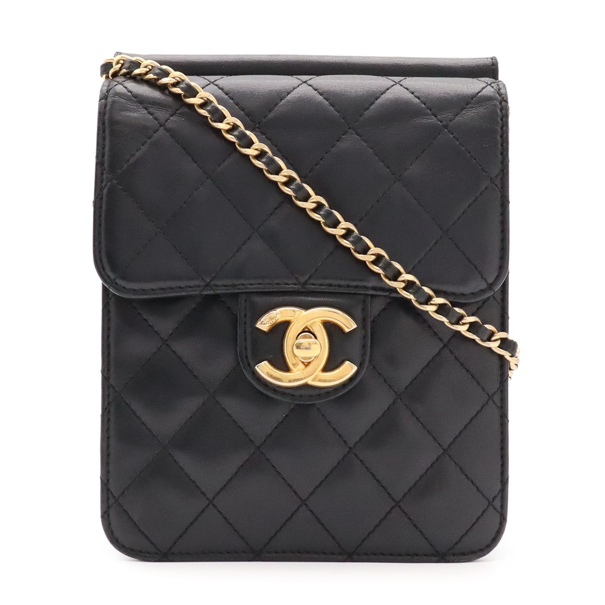 Chanel Quilted CC Logo Chain Shoulder Bag Pochette Lambskin Leather Black Gold