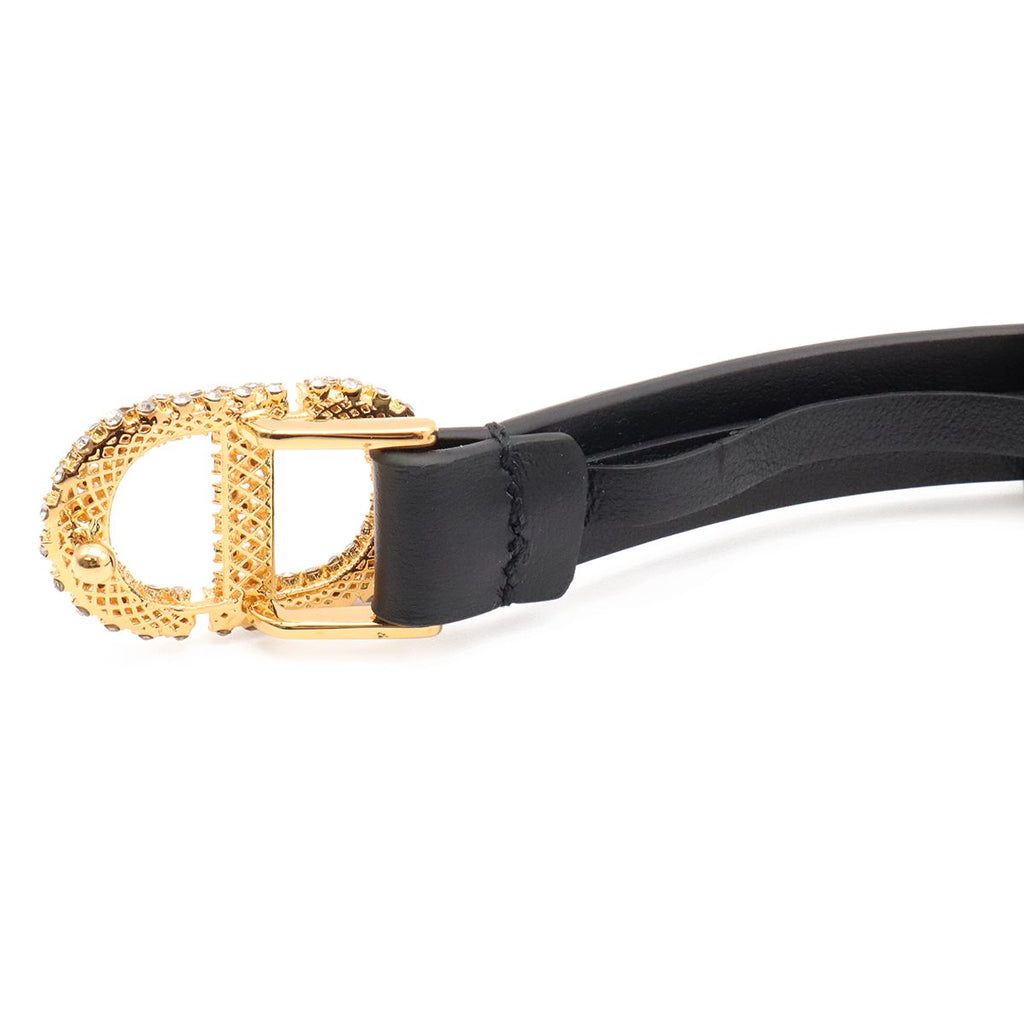 Dior Logo Rhinestone Narrow Belt Leather Black Gold 70 — view 4
