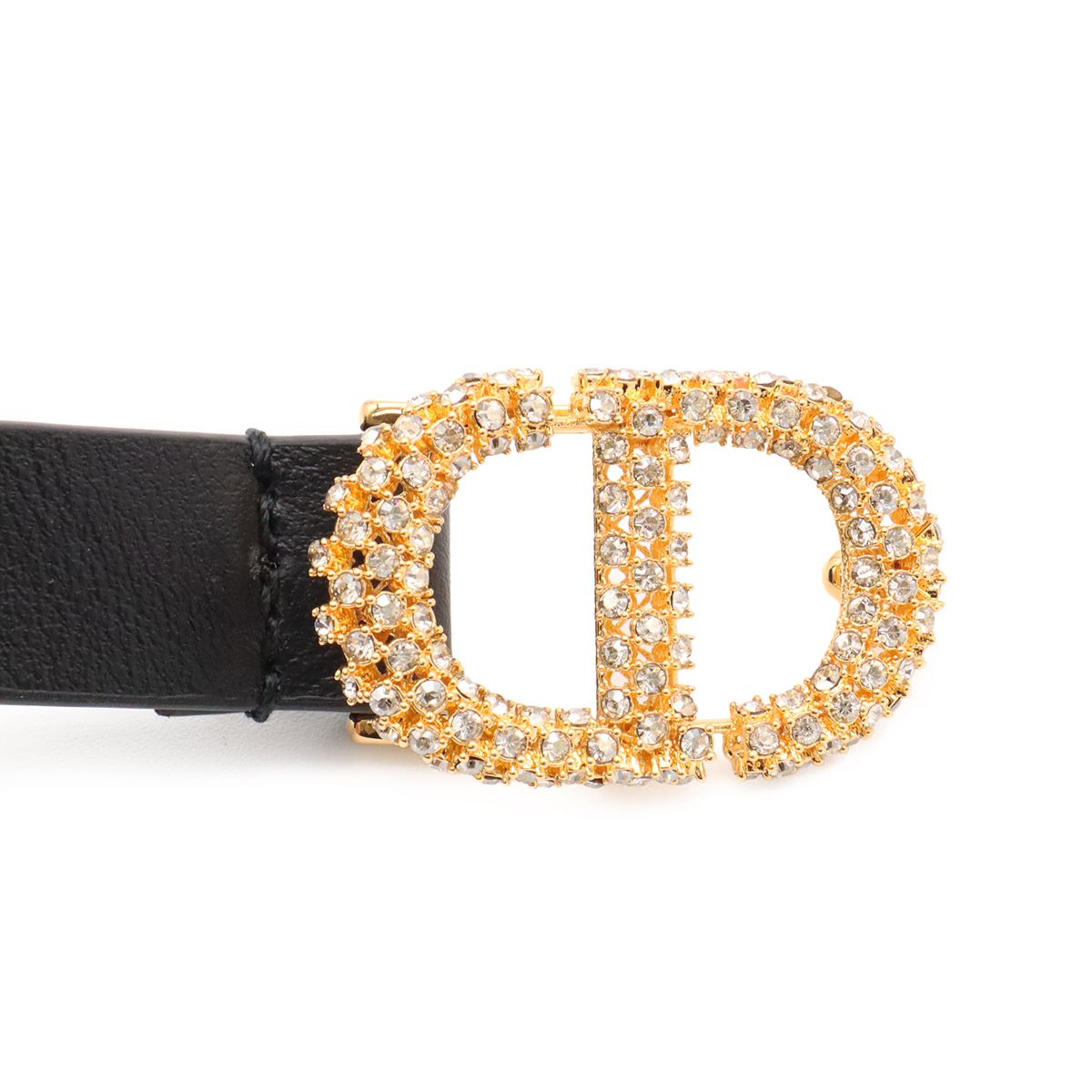 Dior Logo Rhinestone Narrow Belt Leather Black Gold 70 — view 3