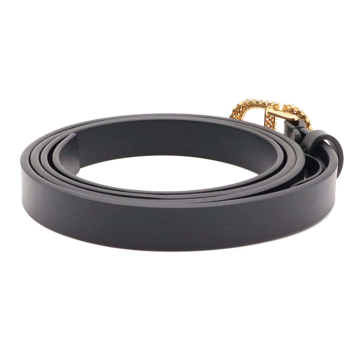 Dior Logo Rhinestone Narrow Belt Leather Black Gold 70 — view 2
