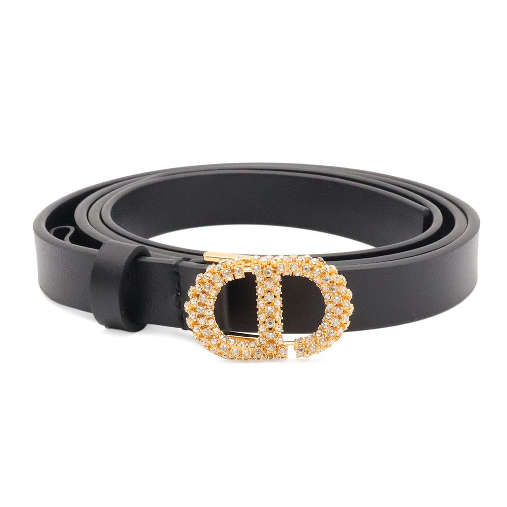 Dior Logo Rhinestone Narrow Belt Leather Black Gold 70