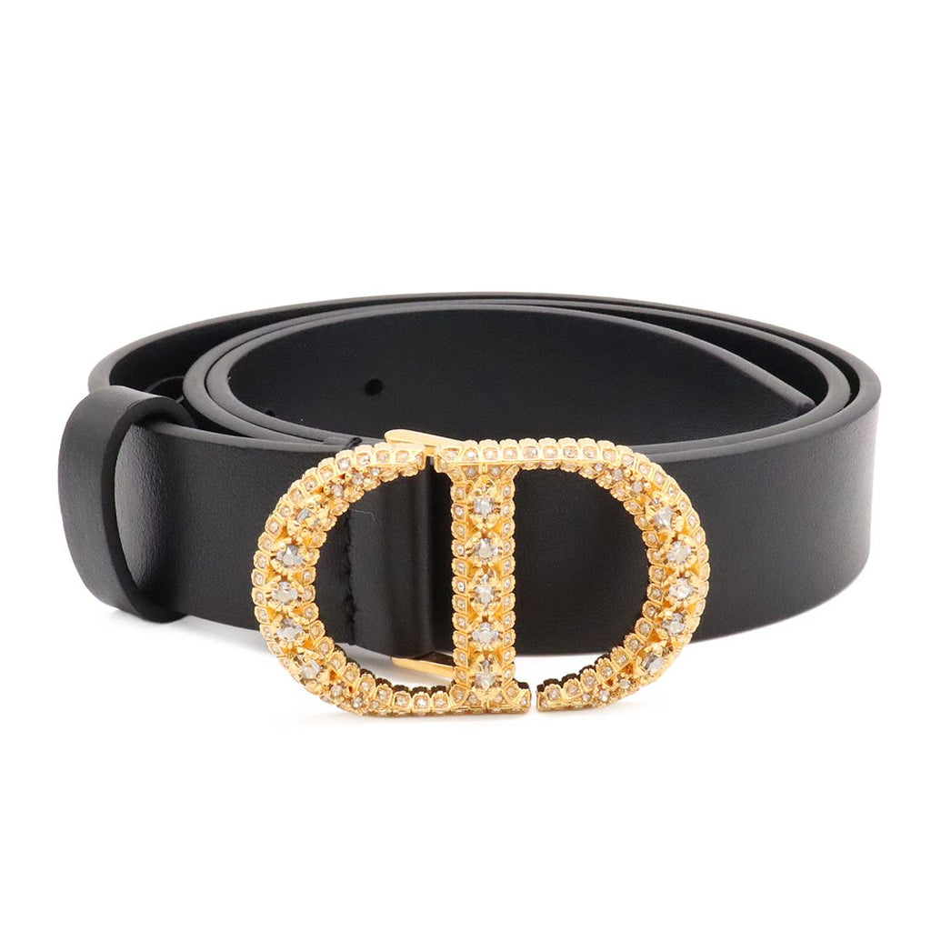 Dior 30 Montaigne Logo Rhinestone Belt Leather Black Gold 70