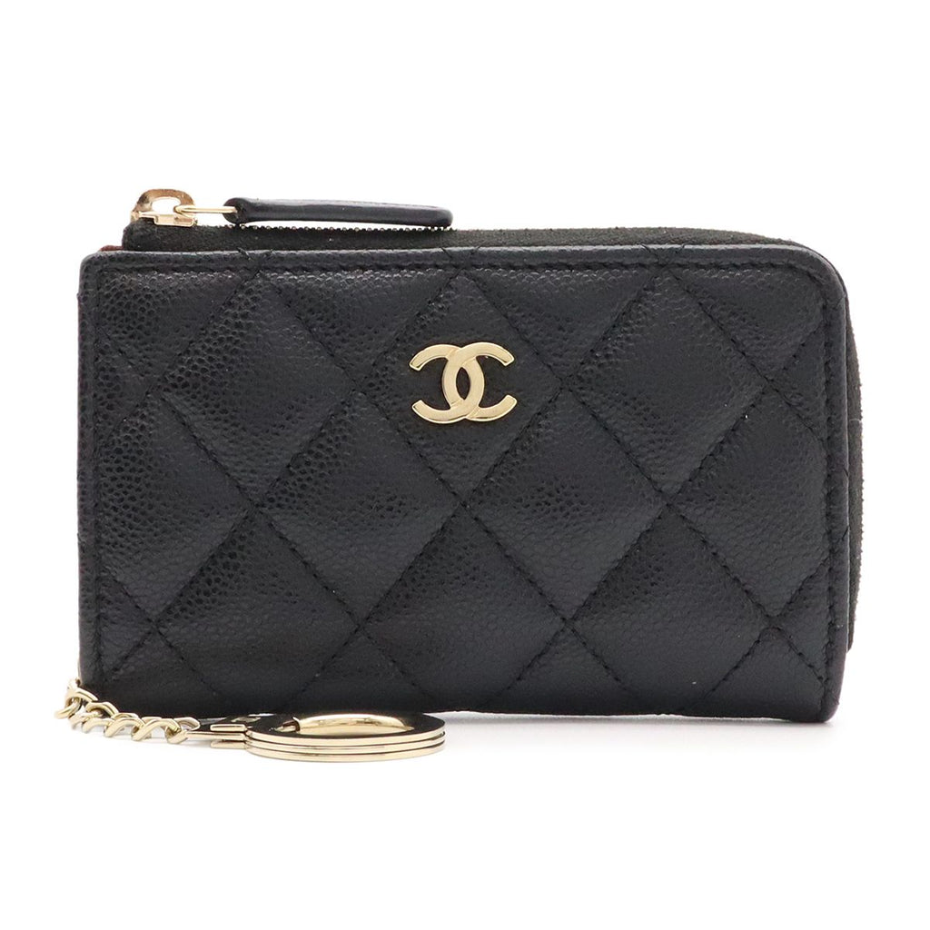 Chanel Quilted CC Logo Coin Purse Key Ring L-shaped Zipper Caviar Leather Black