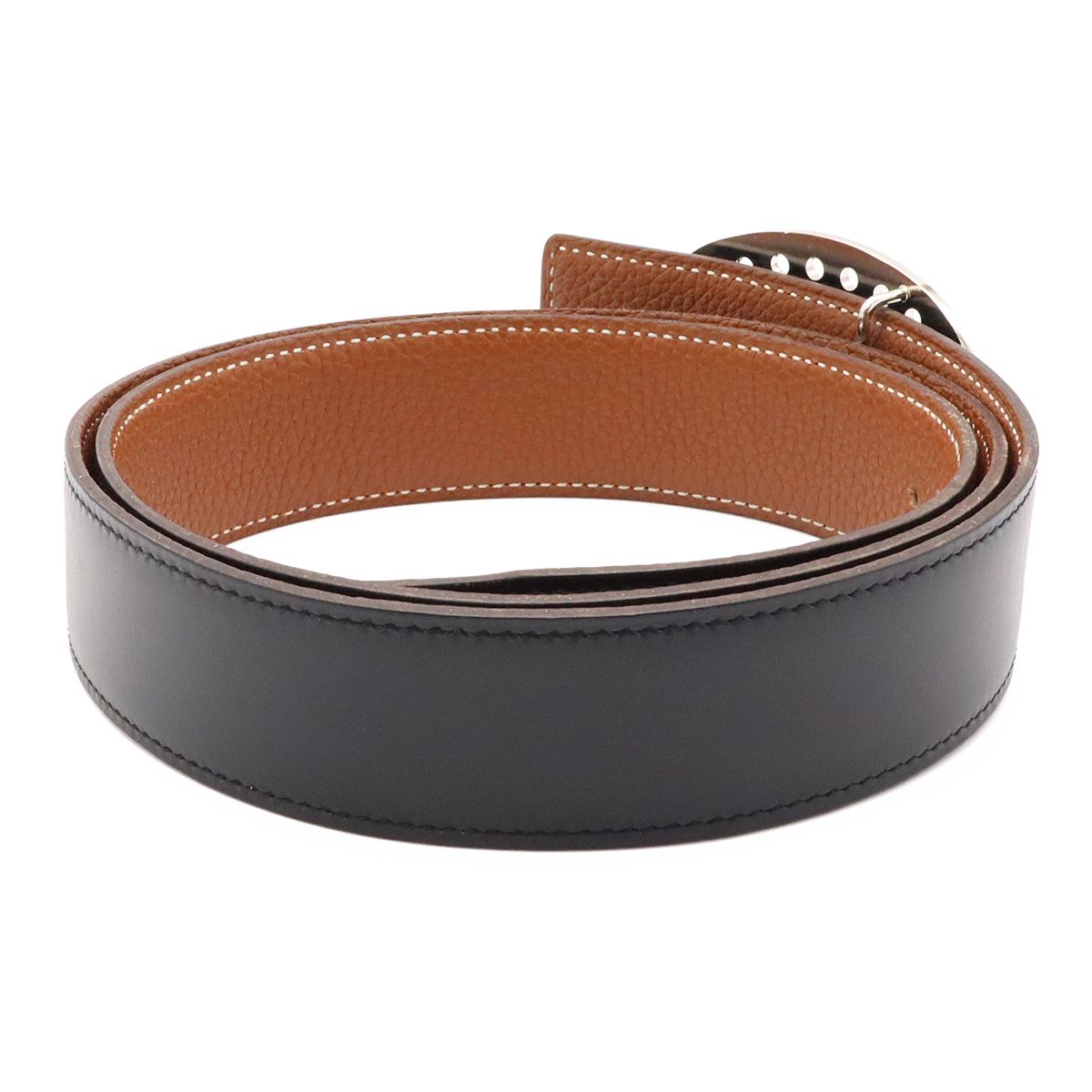 Hermes Evelyne Reversible Belt Logo Perforated Leather Black Silver 90 — view 2