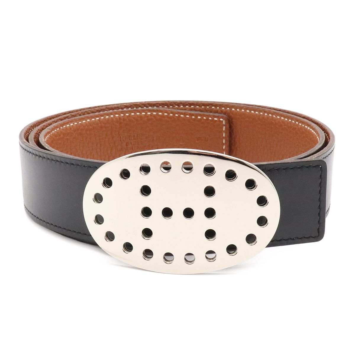 Hermes Evelyne Reversible Belt Logo Perforated Leather Black Silver 90