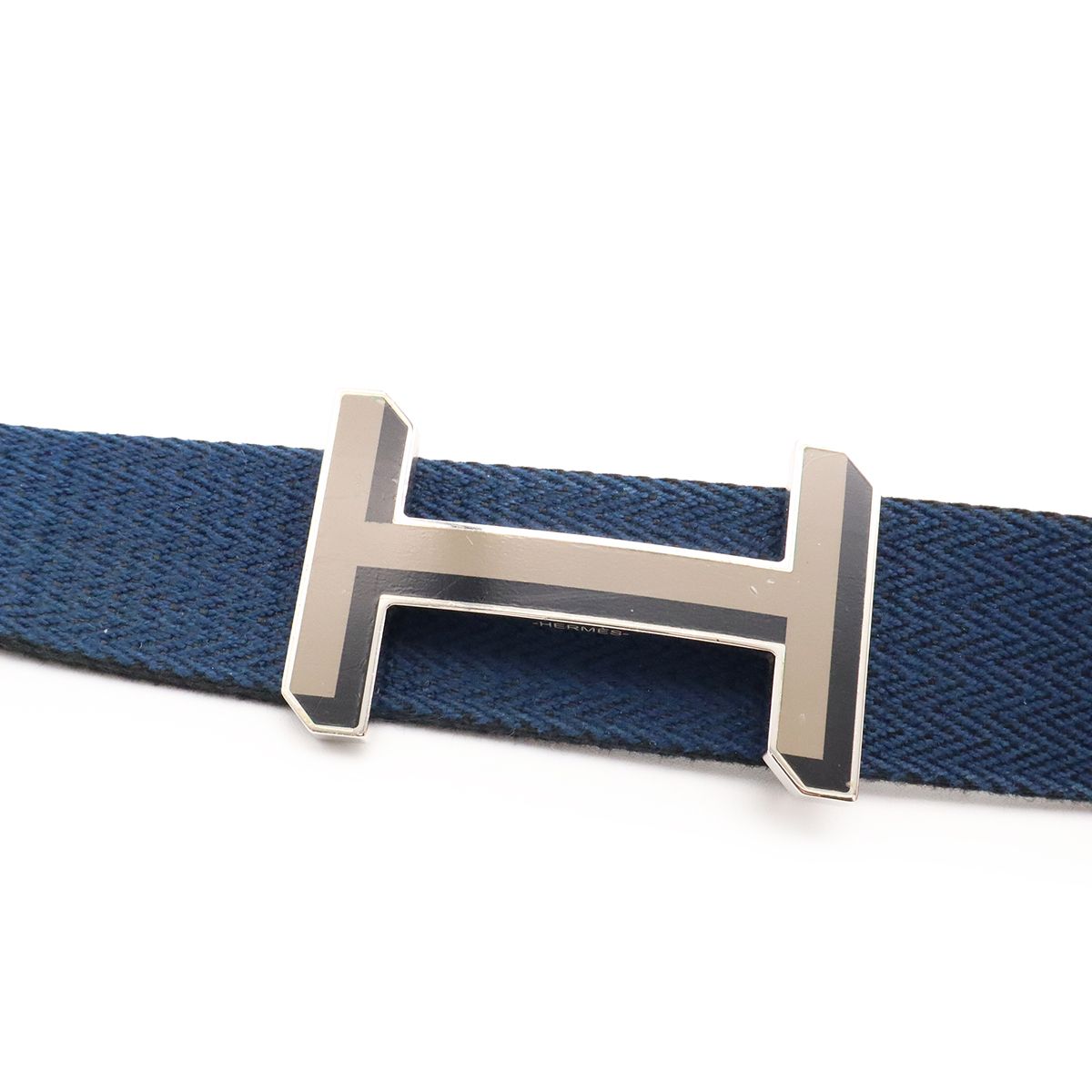 Hermes H Buckle Reversible Belt Stripe Canvas Leather Navy Light Gray Blue — view 3