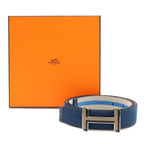 Hermes H Buckle Reversible Belt Stripe Canvas Leather Navy Light Gray Blue — view 8