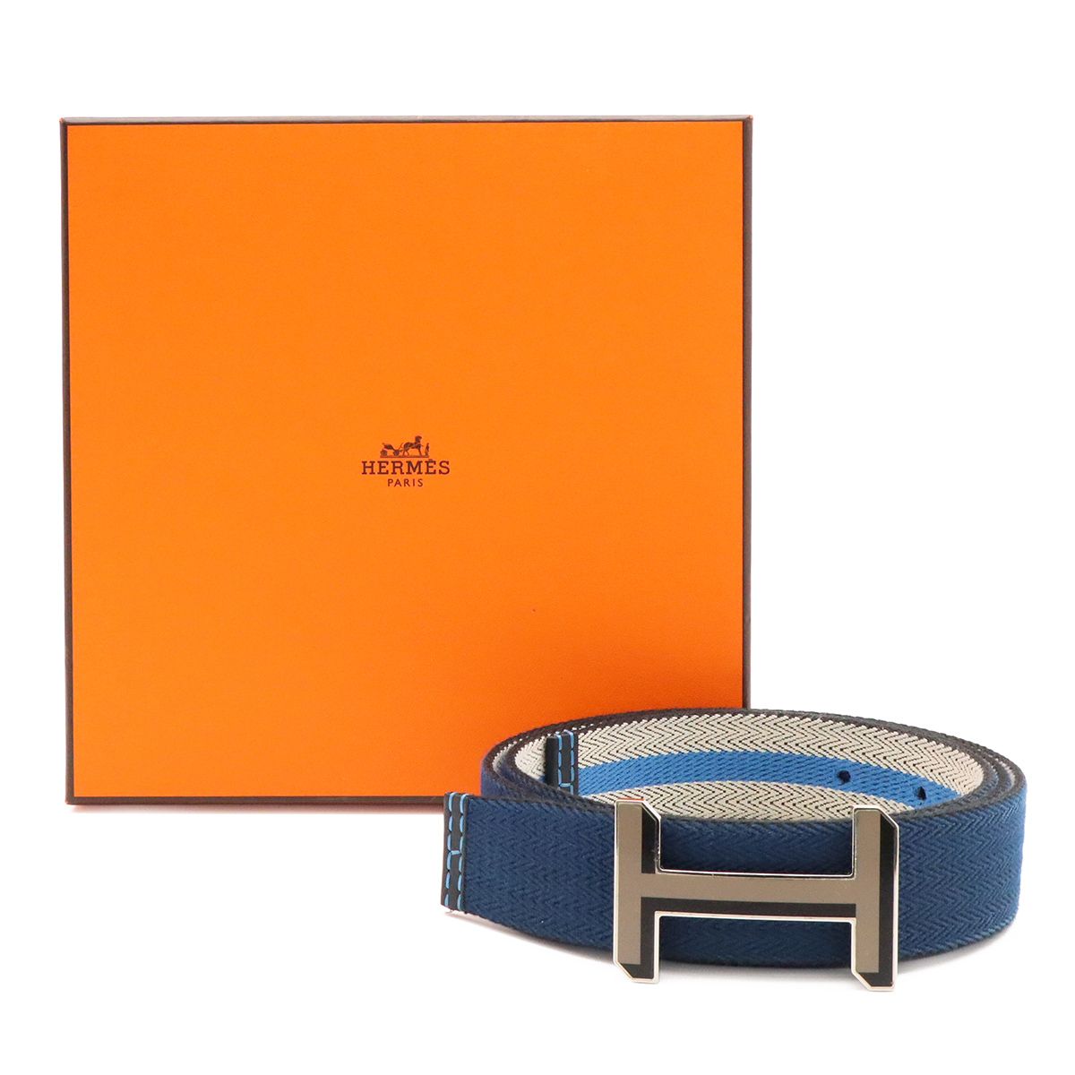 Hermes H Buckle Reversible Belt Stripe Canvas Leather Navy Light Gray Blue — view 8