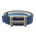 Hermes H Buckle Reversible Belt Stripe Canvas Leather Navy Light Gray Blue