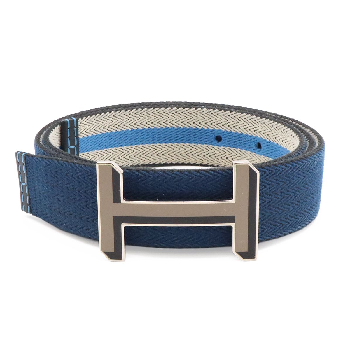 Hermes H Buckle Reversible Belt Stripe Canvas Leather Navy Light Gray Blue