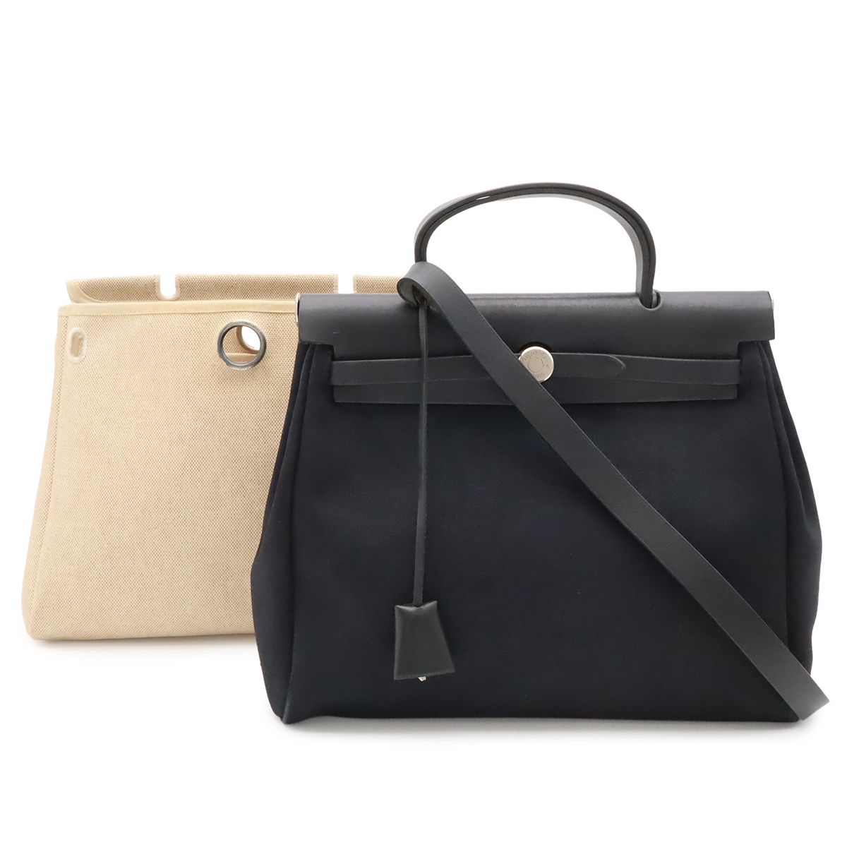 Hermes Herbag PM 2-Way Shoulder Bag Toile Officier H Black Natural