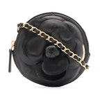 Chanel Camellia Quilted Chain Pochette Mini Shoulder Bag Lambskin Leather Black