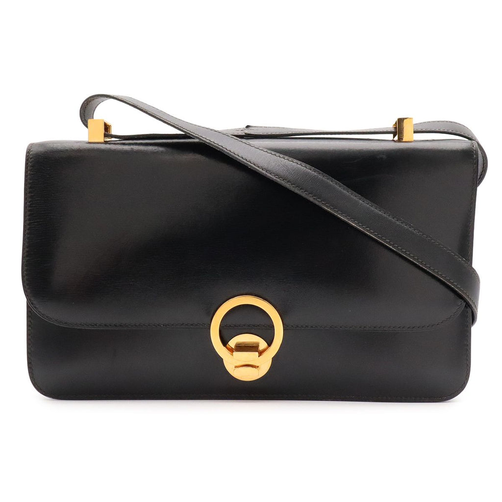 Hermes Ring Shoulder Bag Box Calf Leather Black Gold