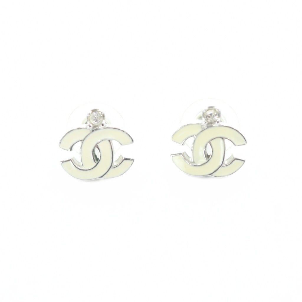 Chanel Earrings CC Logo Rhinestone White Silver Color 05c