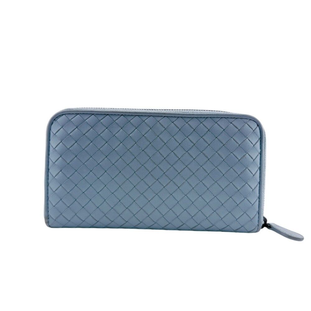 Bottega Veneta Leather Intrecciato Zip Around Wallet Blue Card Case Coin Purse