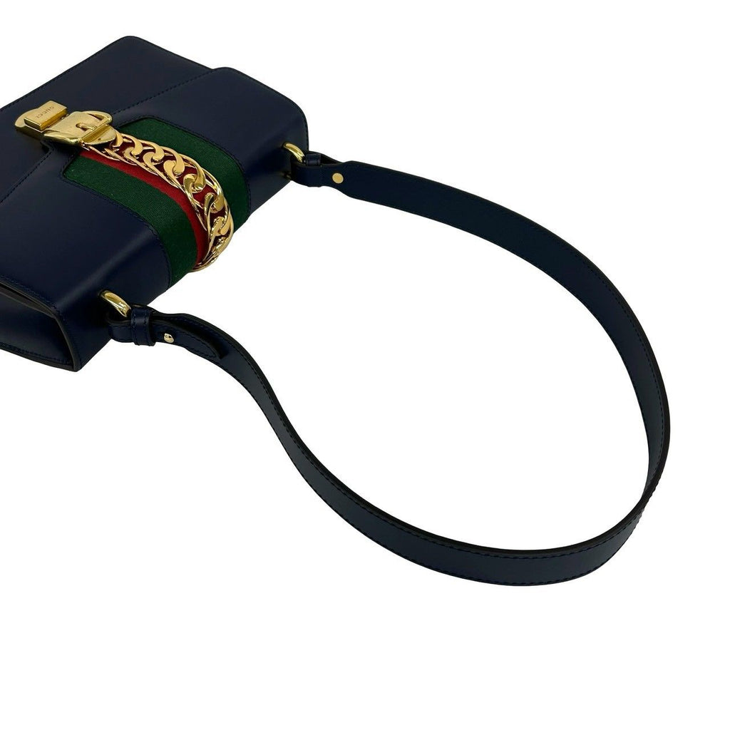 Gucci Sylvie Sherry Line Logo Leather Shoulder Bag Navy Red Green — view 4