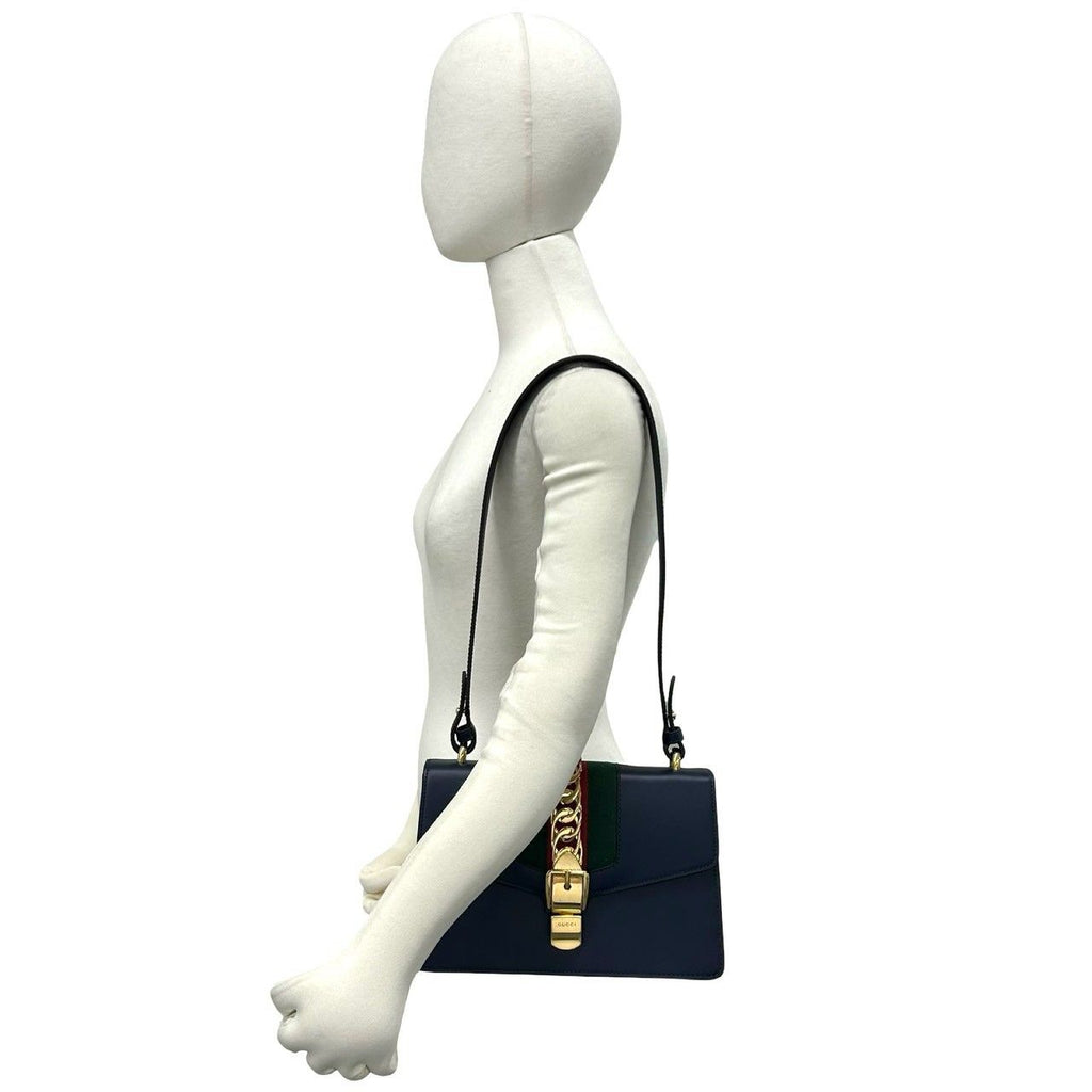 Gucci Sylvie Sherry Line Logo Leather Shoulder Bag Navy Red Green — view 2