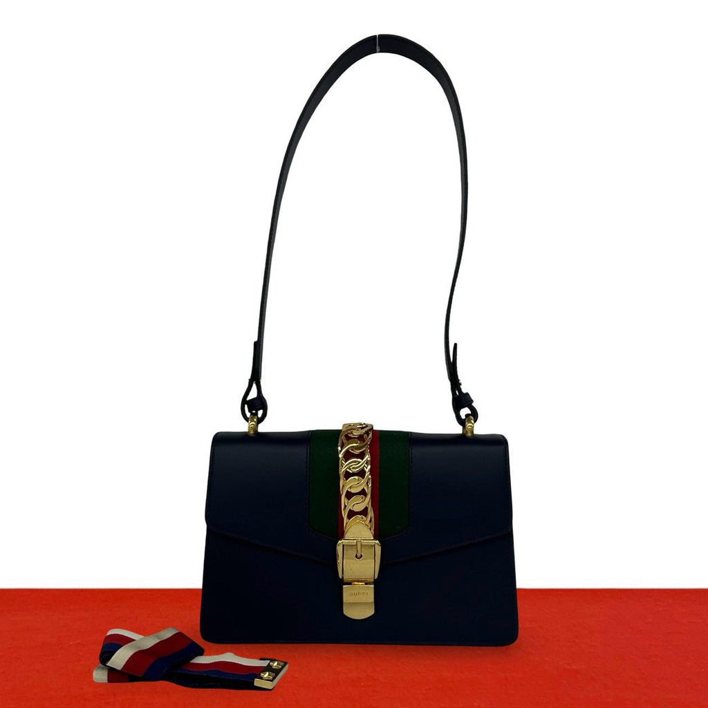 Gucci Sylvie Sherry Line Logo Leather Shoulder Bag Navy Red Green