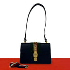 Gucci Sylvie Sherry Line Logo Leather Shoulder Bag Navy Red Green