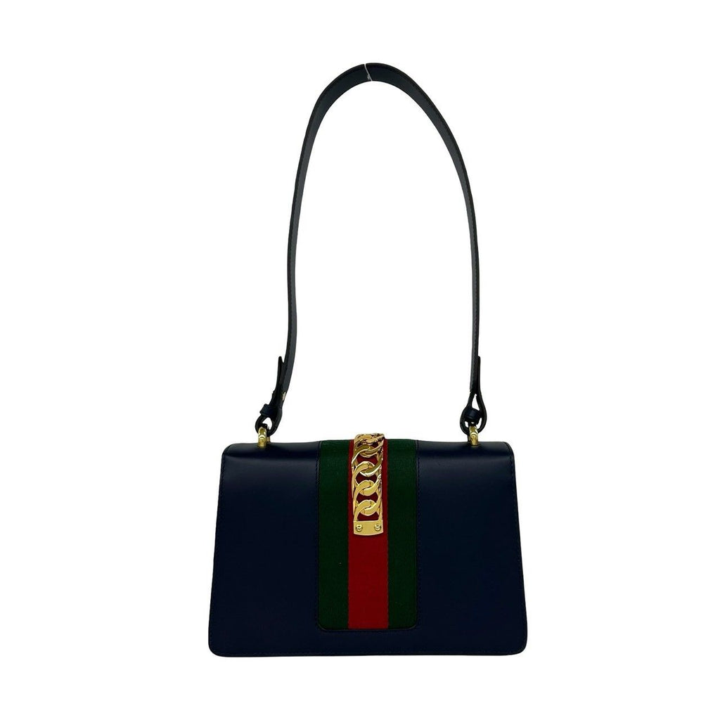 Gucci Sylvie Sherry Line Logo Leather Shoulder Bag Navy Red Green — view 3