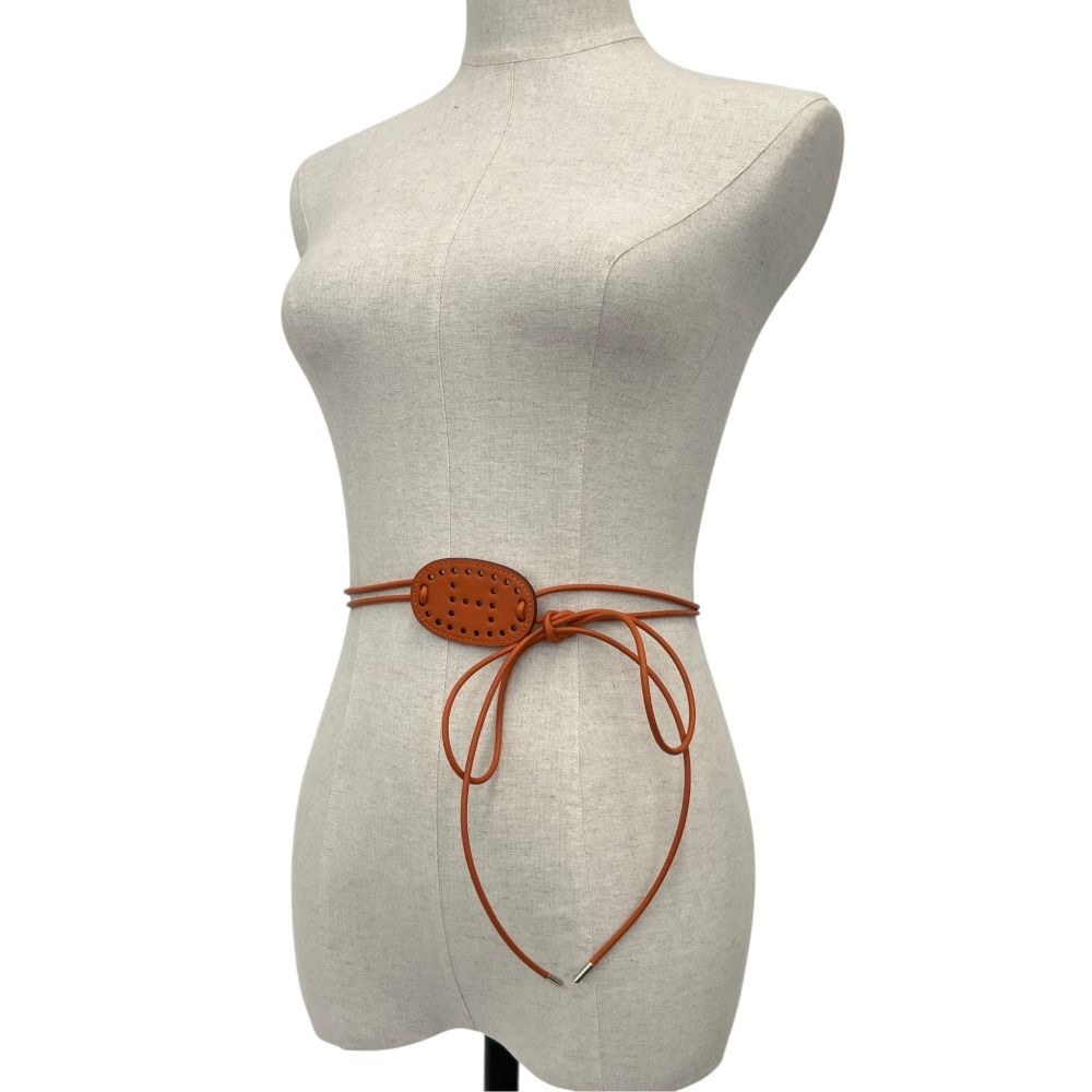 Hermes Mia H Perforated Evelyne Motif Leather Belt String S Brown — view 2