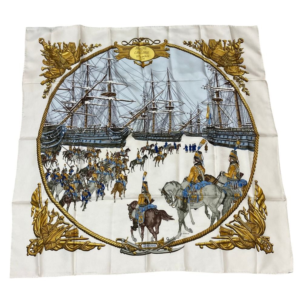 Hermes Marine Et Cavalerie Sea and Corps Carre 90 Large Scarf White Multicolor