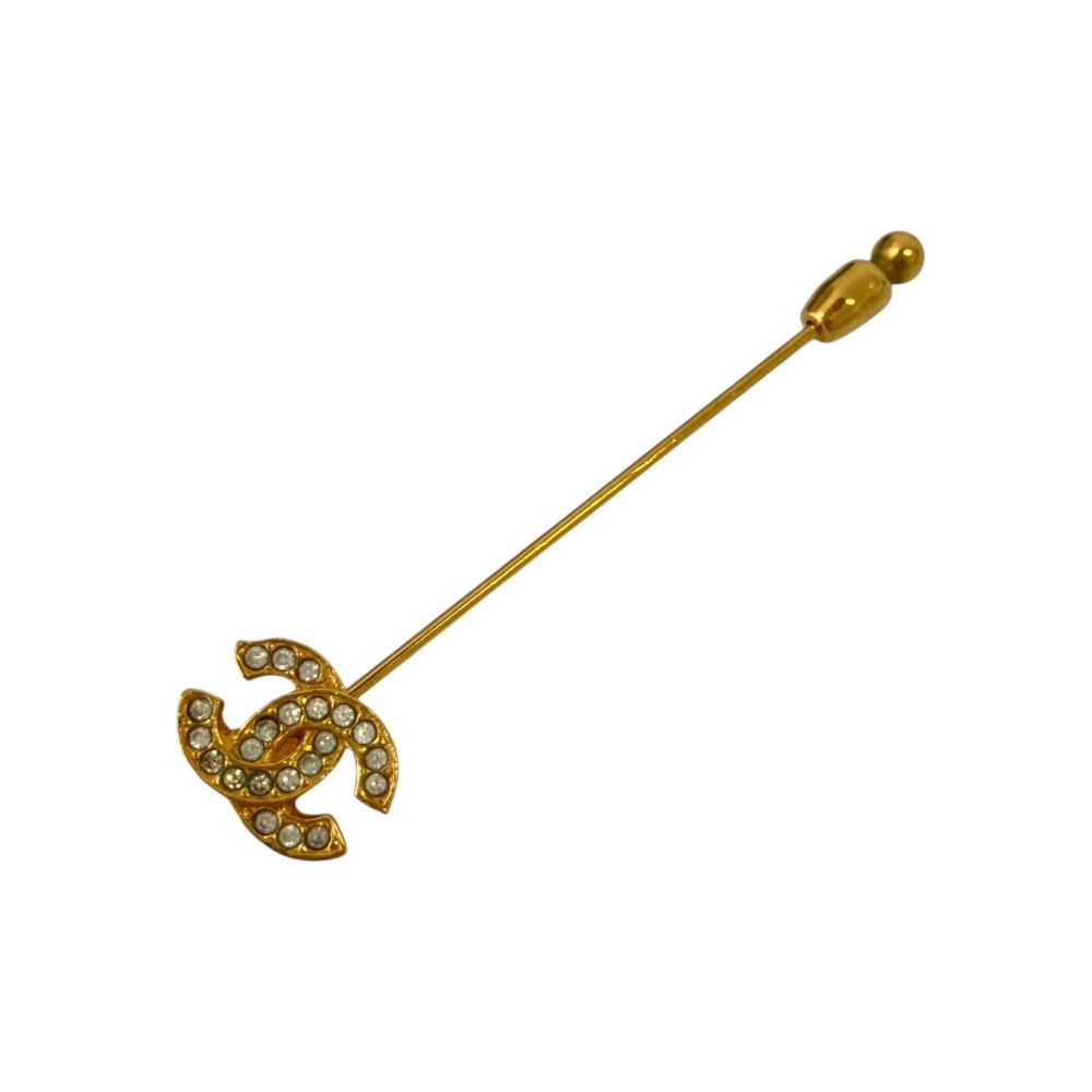 Chanel Vintage CC Logo Rhinestone Pin Brooch Gold