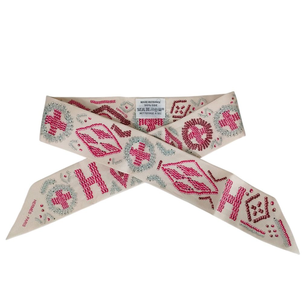 Hermes Silk 100% Kelly en Perles Twilly Scarf Ivory — view 7