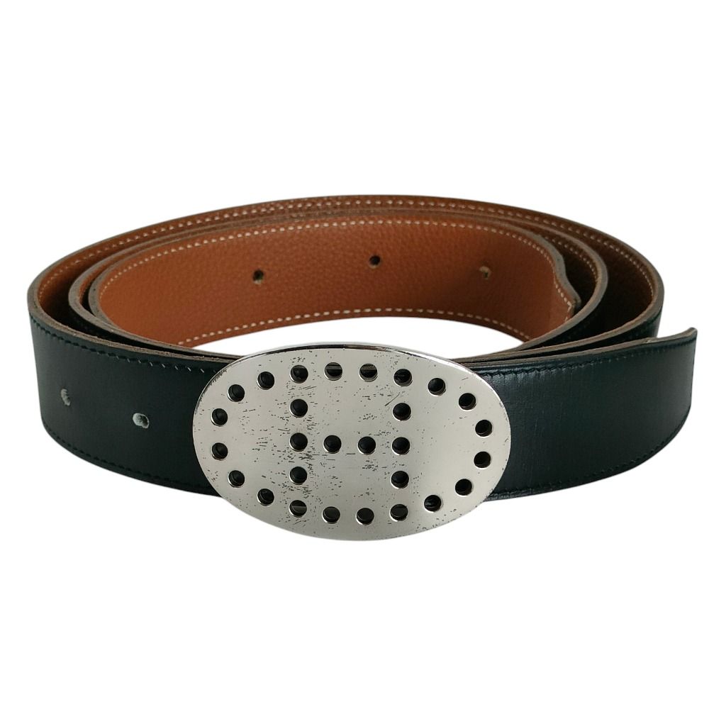 Hermes Evelyne Oval Buckle Reversible Leather Belt 120 Black Brown