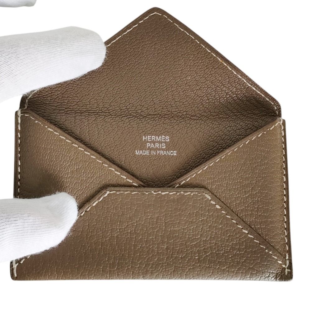 Hermes Chevre Mysore Leather Envelope PM Shape Card Case Business Etoupe Brown — view 3