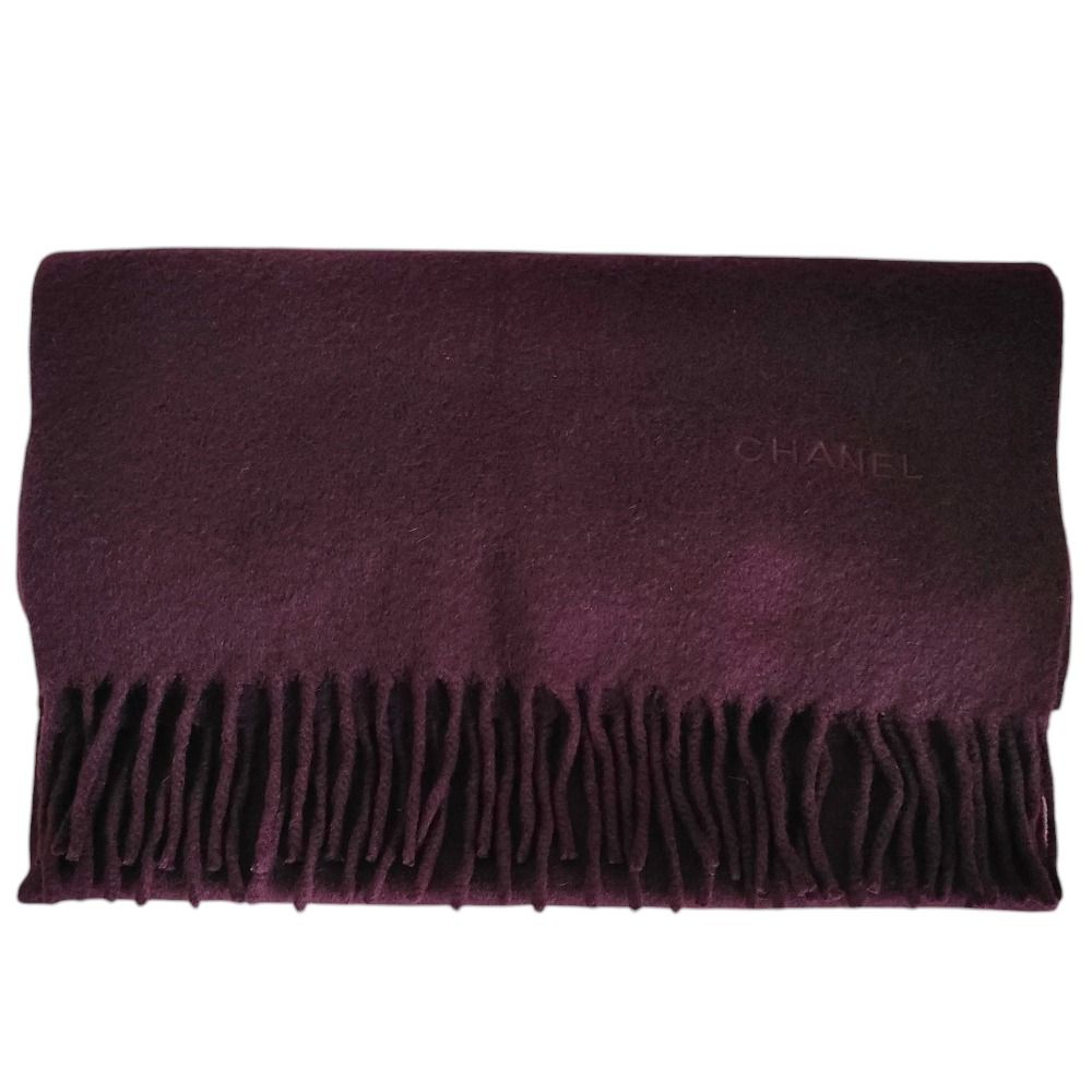 Chanel Vintage Logo Embroidery Cashmere 100% Fringe Scarf Purple