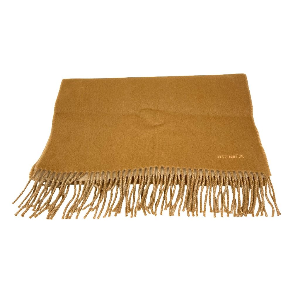 Hermes Logo Embroidery Cashmere Shawl Scarf Beige Brown