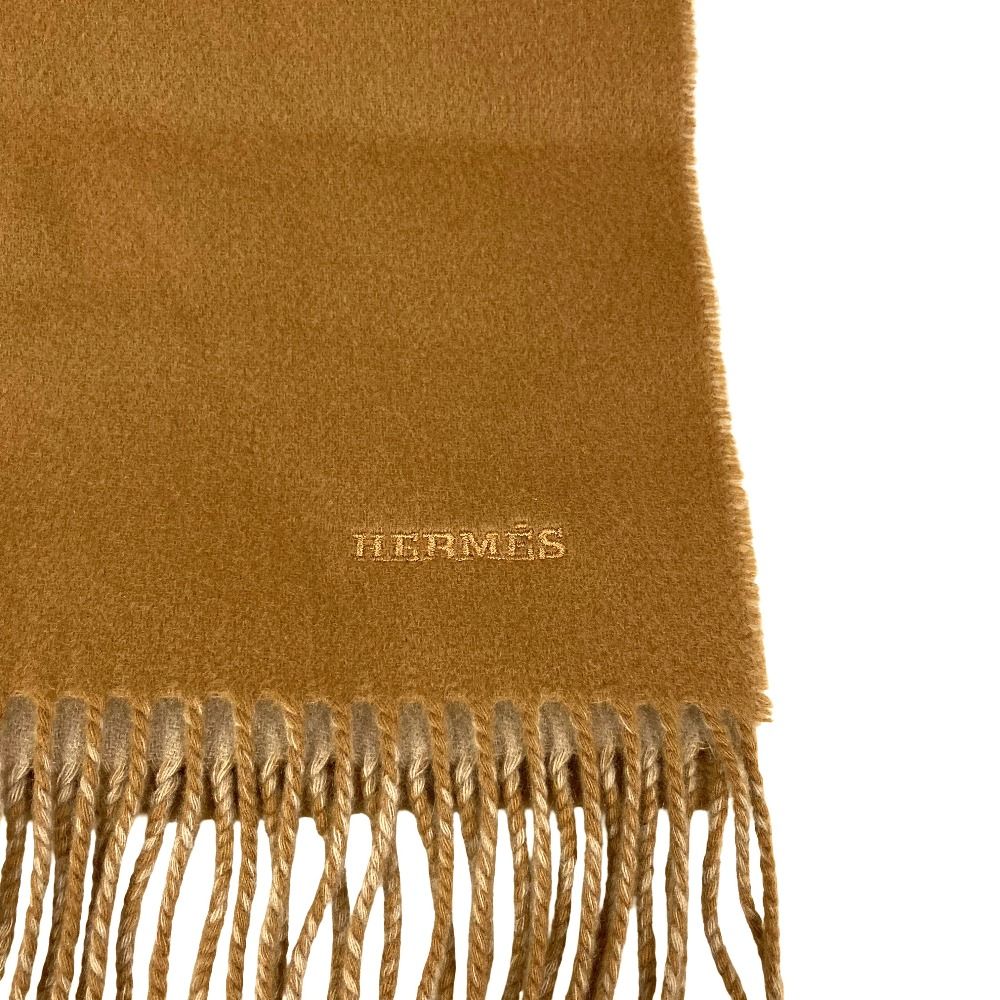 Hermes Logo Embroidery Cashmere Shawl Scarf Beige Brown — view 5