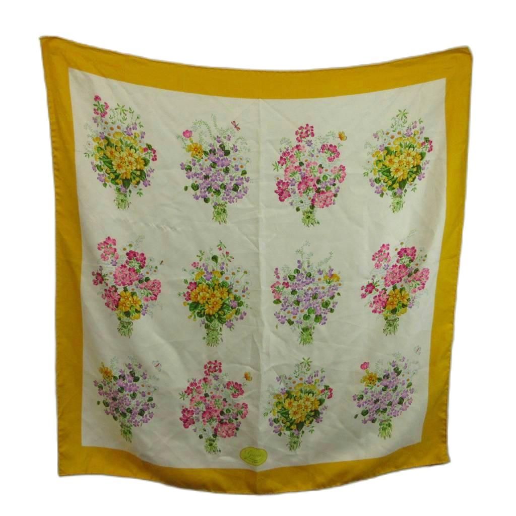 Gucci Vintage Scarf Large Silk Bouquet Flower All Over Print Logo Yellow