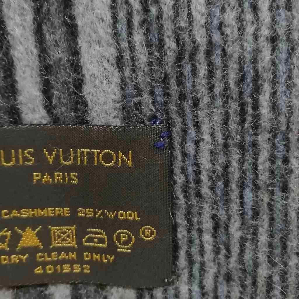 Louis Vuitton Cashmere Wool Striped Fringe Scarf LV Logo Embroidery Gray — view 7