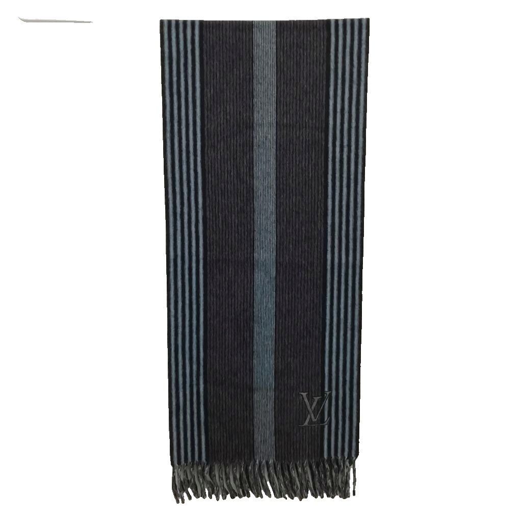 Louis Vuitton Cashmere Wool Striped Fringe Scarf LV Logo Embroidery Gray — view 2