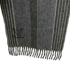 Louis Vuitton Cashmere Wool Striped Fringe Scarf LV Logo Embroidery Gray — view 4