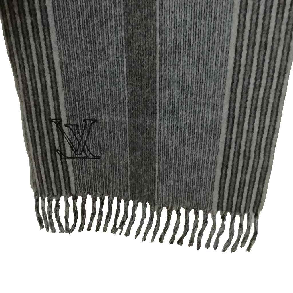 Louis Vuitton Cashmere Wool Striped Fringe Scarf LV Logo Embroidery Gray — view 4