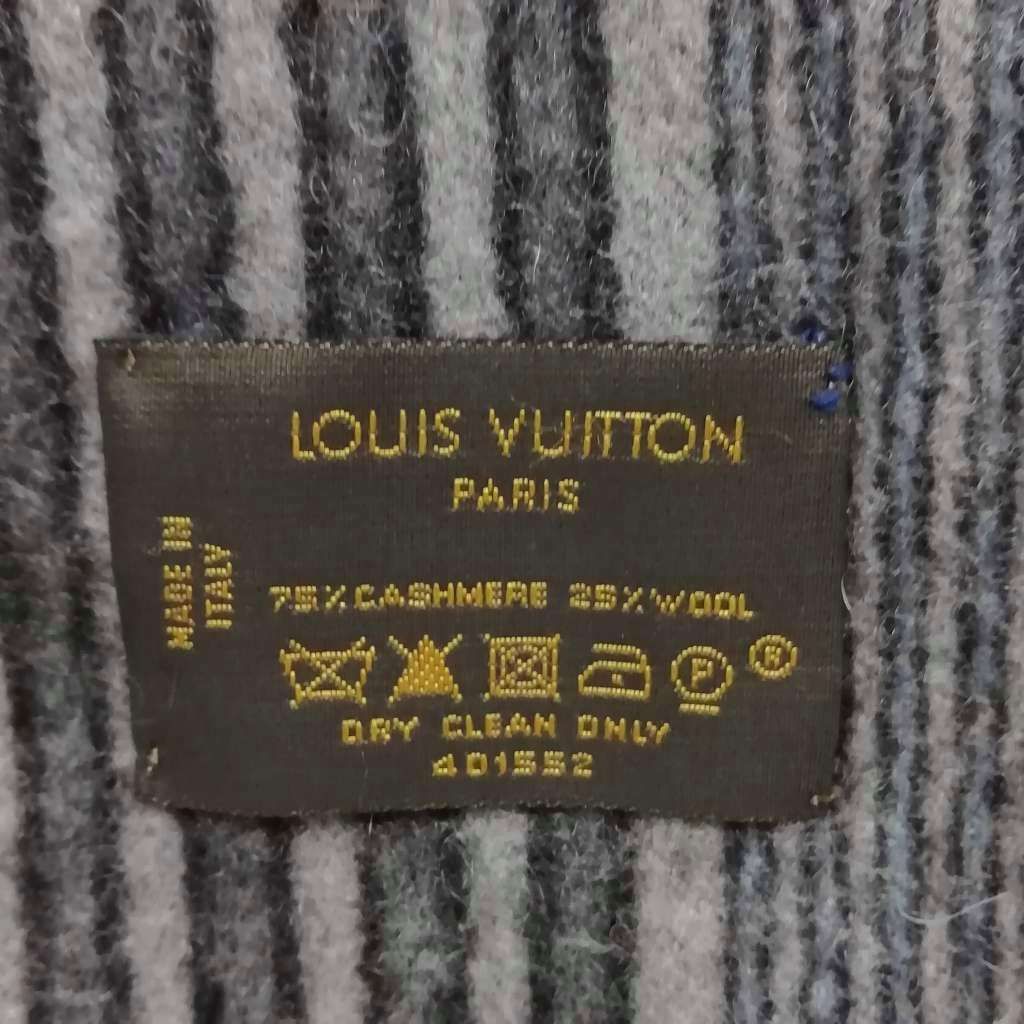 Louis Vuitton Cashmere Wool Striped Fringe Scarf LV Logo Embroidery Gray — view 6