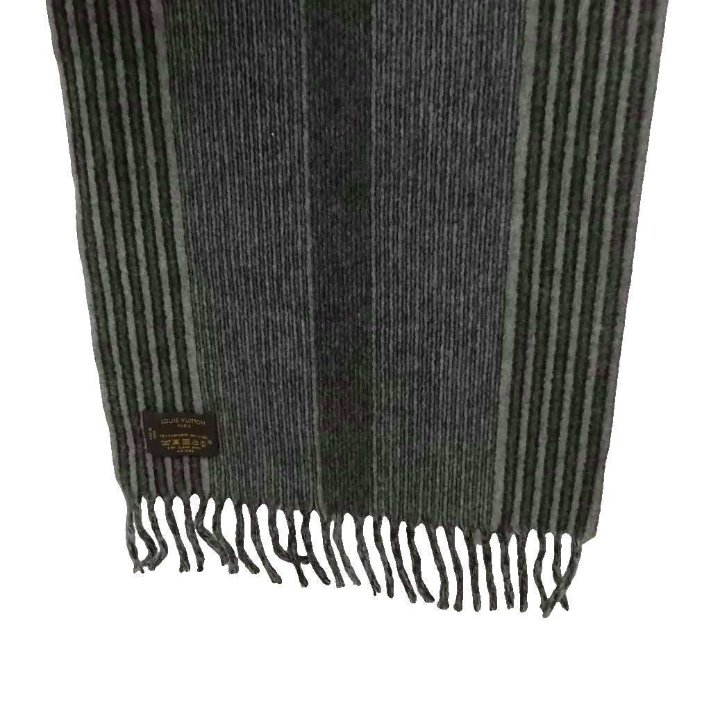 Louis Vuitton Cashmere Wool Striped Fringe Scarf LV Logo Embroidery Gray — view 5