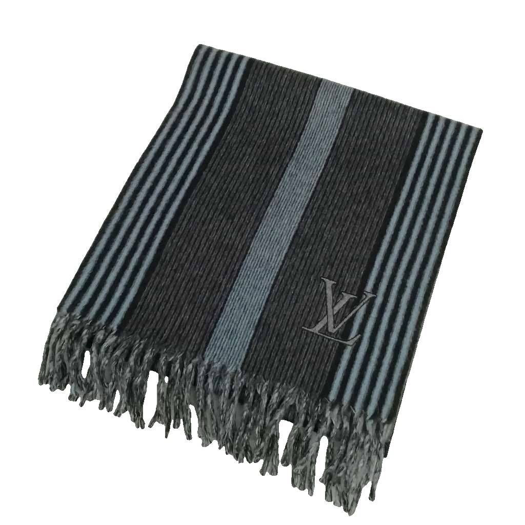 Louis Vuitton Cashmere Wool Striped Fringe Scarf LV Logo Embroidery Gray