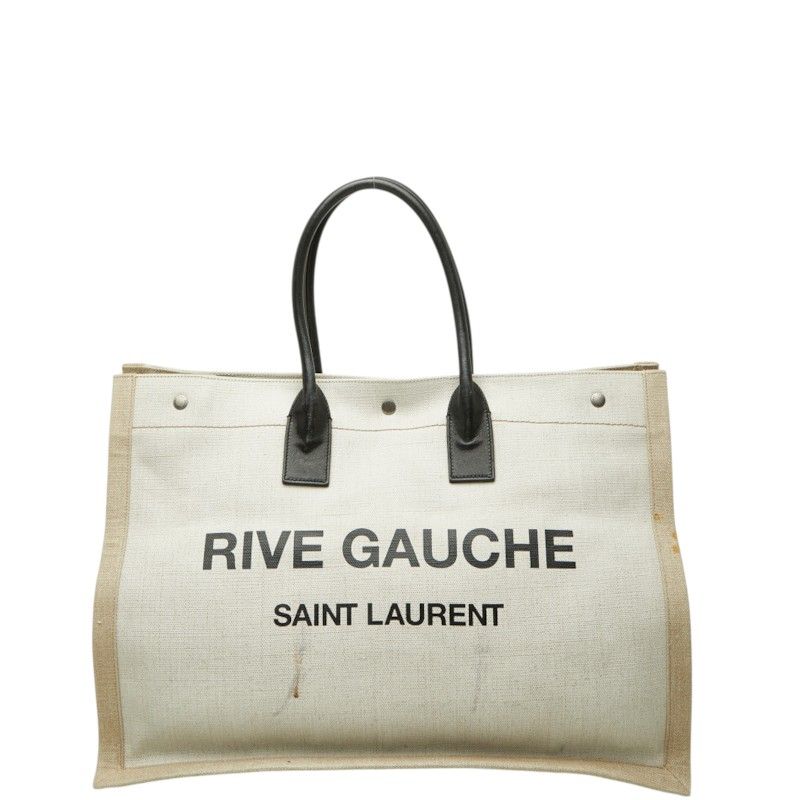 Saint Laurent Rive Gauche Tote Bag White Beige Canvas Hemp Linen