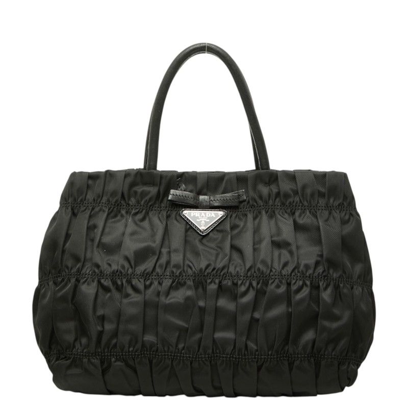 Prada Gathered Handbag Black Nylon Leather