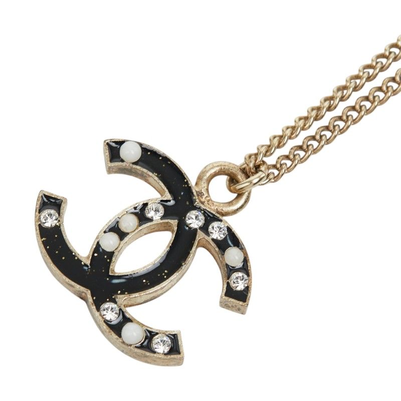 Chanel CC Logo Chain Pendant 07 Black Gold Plated Faux Pearl Rhinestone