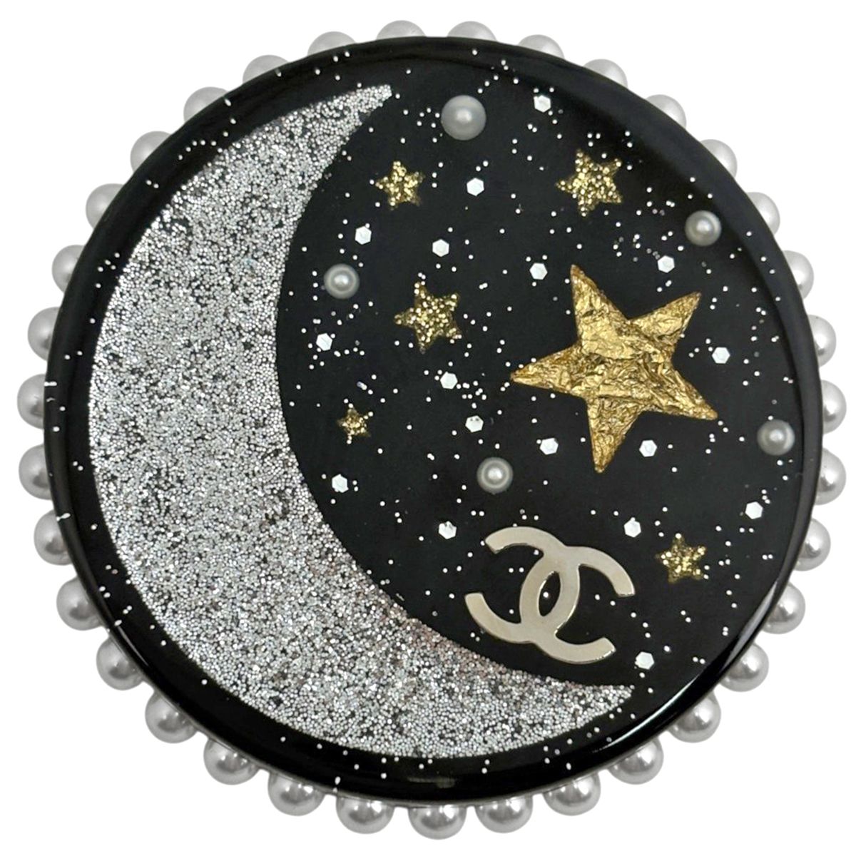 Chanel Brooch CC Logo Star Plastic Faux Pearl Black Silver