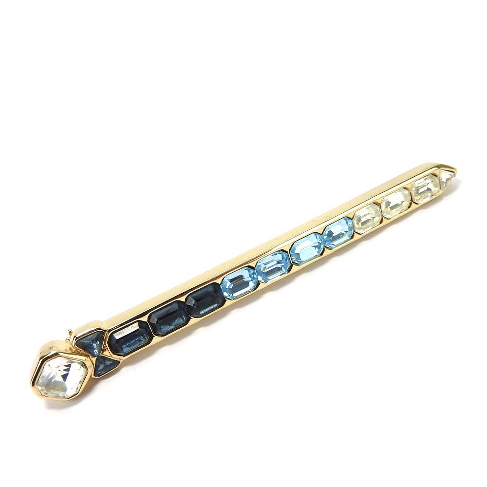 Dior Brooch Metal Gold Blue Clear Plated Rhinestone Ribbon