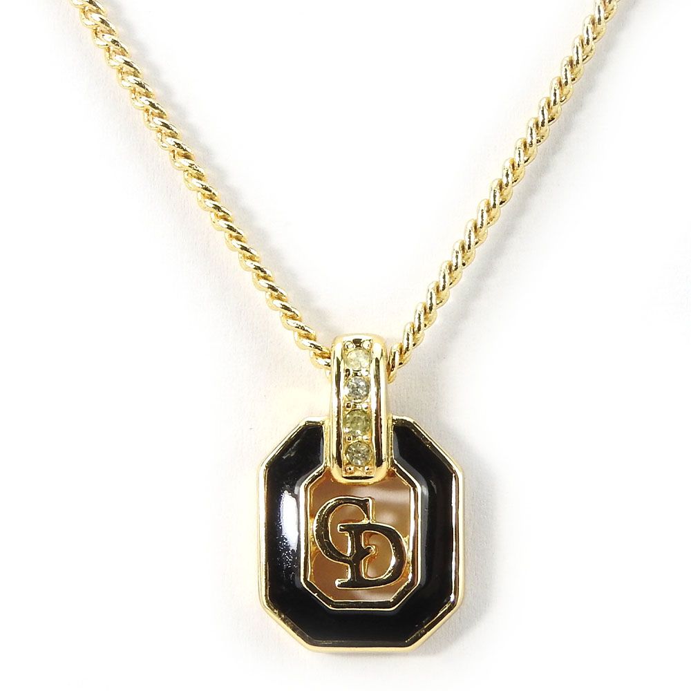 Dior Necklace Metal Gold Black Logo Rhinestone